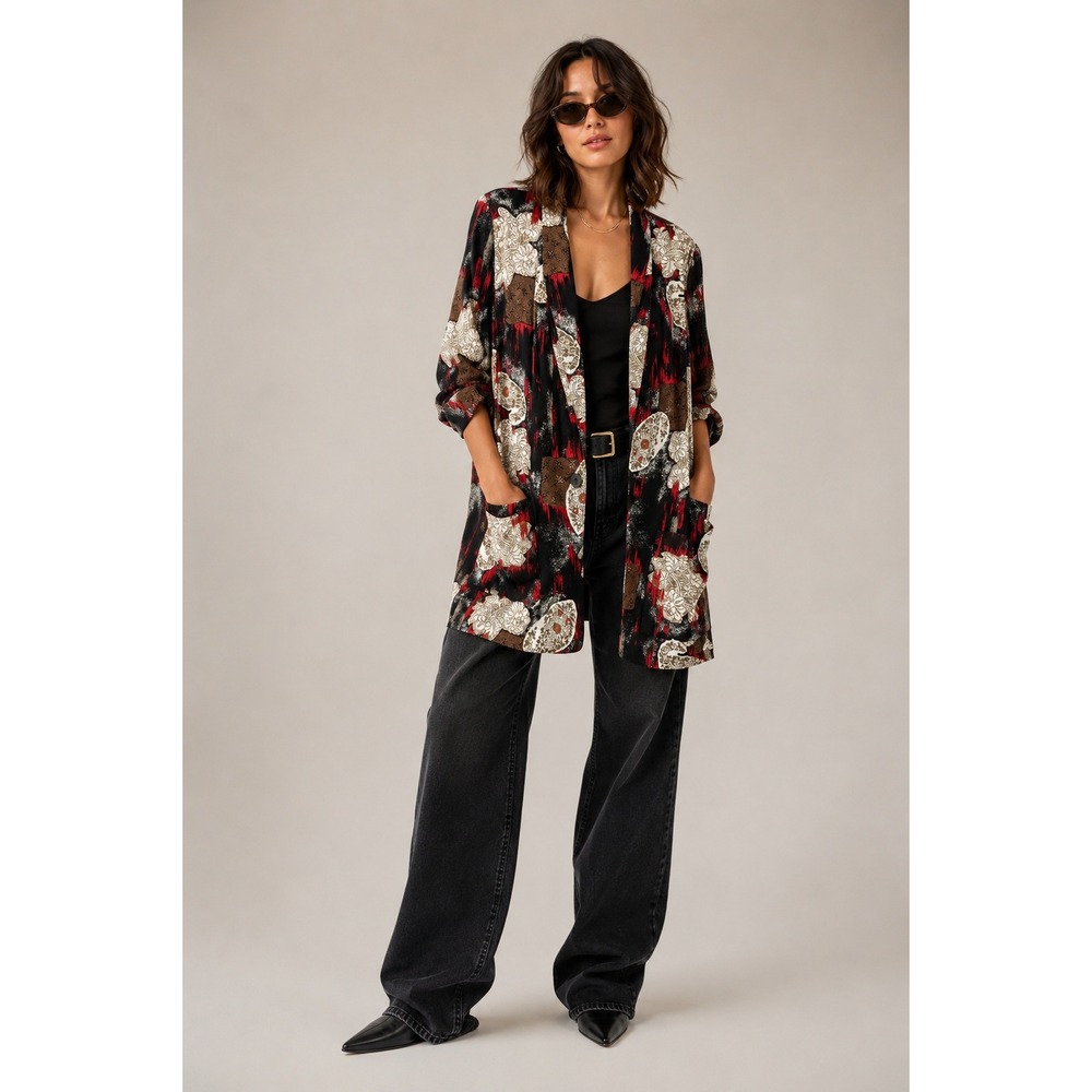 Vintage Kensington Square Abstract Floral‎ Duster Blazer Jacket USA Made Medium